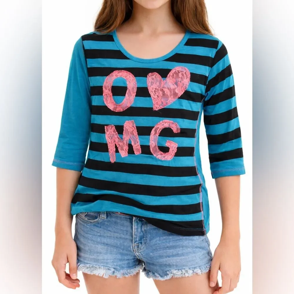 One Step Ahead Girls 10/12 OMG Lace Graphic Tee Teal Stripe 3/4 Sleeve Top